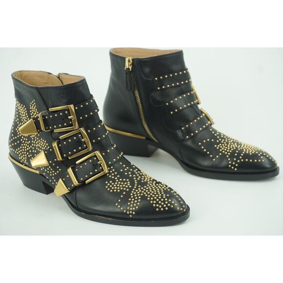 Chloe Suzanna Black Leather copper Studded Ankle Boot Size 35 $1380 Belted - Picture 10 of 11